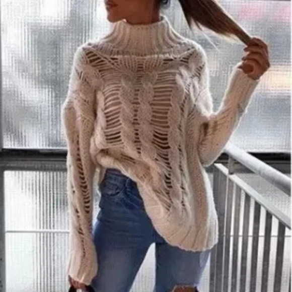 Zara Openwork Cable Knit Sweater  High Neck Ecru White Size Small - Picture 5 of 12